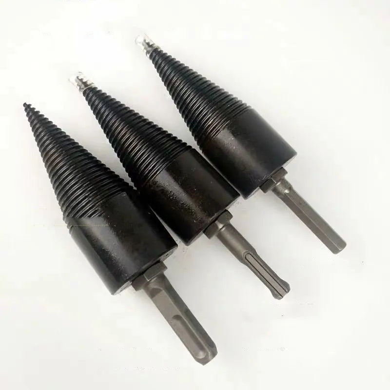 Hexagonal metal firewood splitting drill bit with conical tip, shown in 32mm and 42mm sizes for hand electric drills.