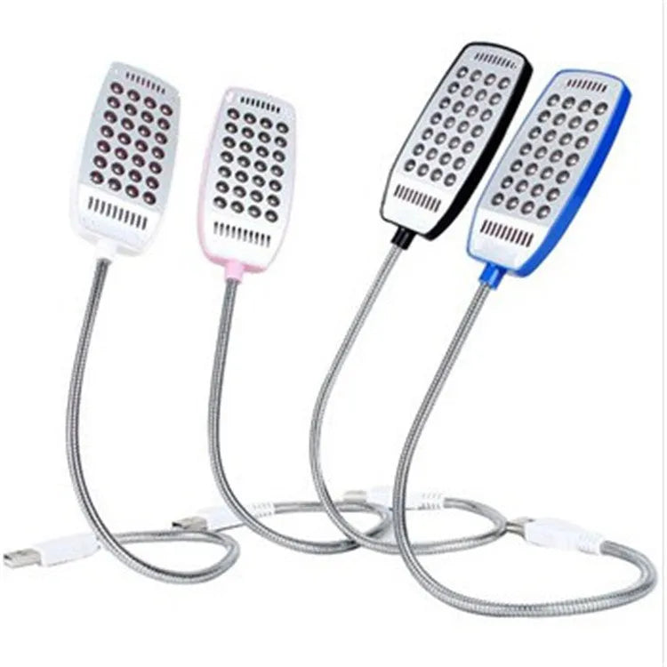 Flexible gooseneck USB LED desk lamp in black, white, blue, and pink colour options.