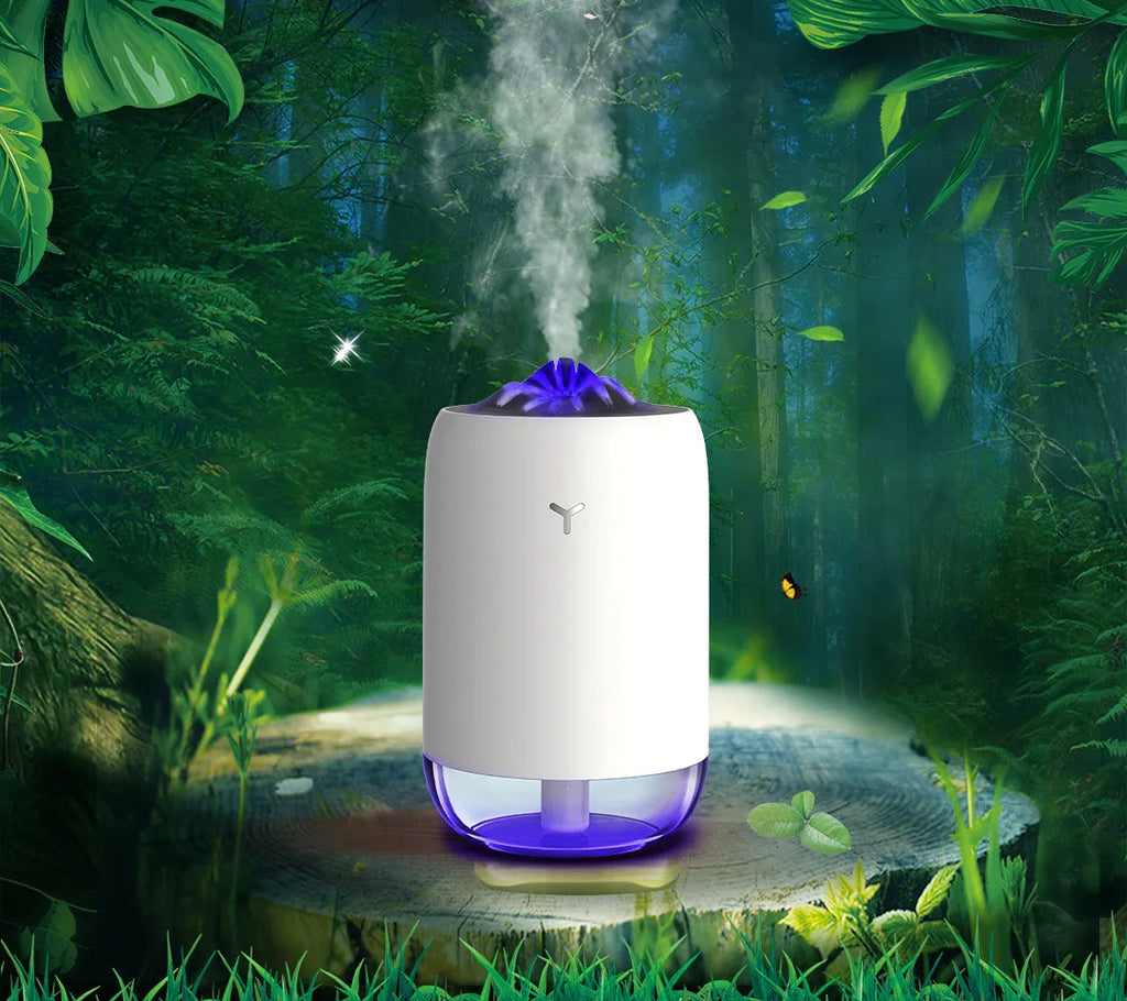 Magic Flame ultrasonic humidifier in columnar design with USB cable and colour options