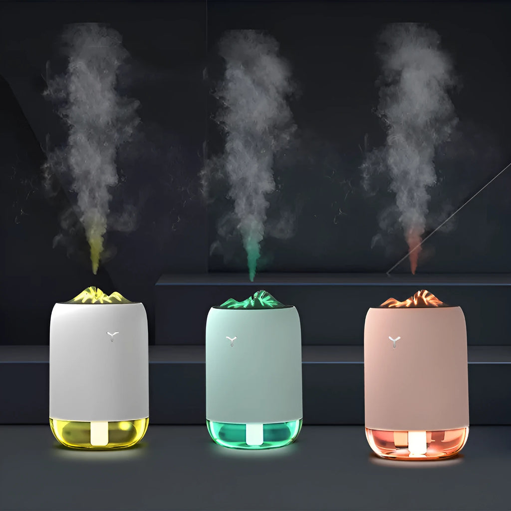 Magic Flame ultrasonic humidifier in columnar design with USB cable and colour options
