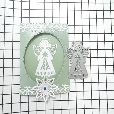 White carbon steel angel knife mould embossing tool for greeting cards, 8x6cm with hanging loop
