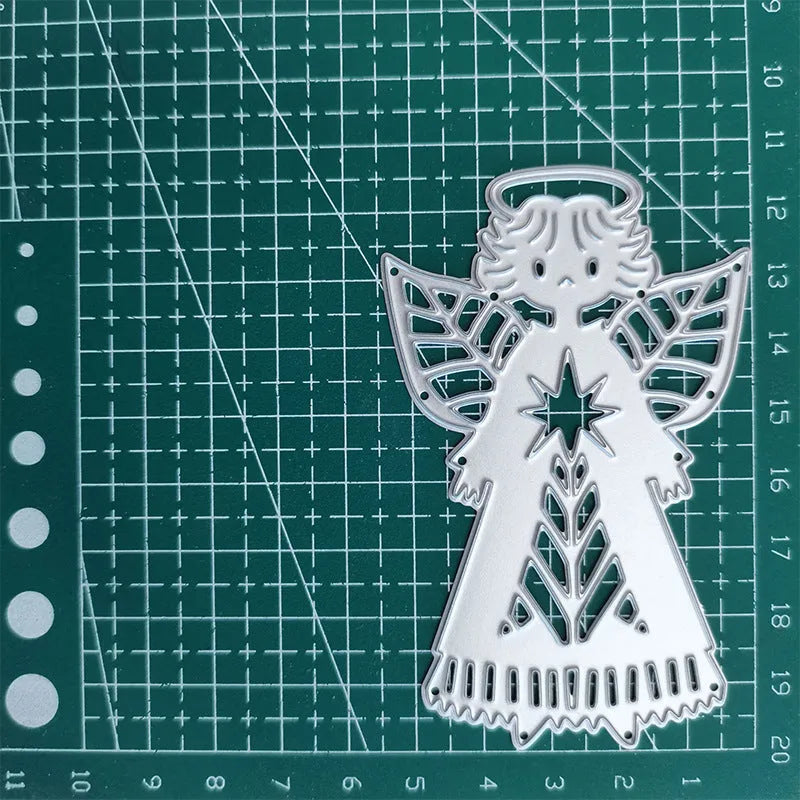 White carbon steel angel knife mould embossing tool for greeting cards, 8x6cm with hanging loop