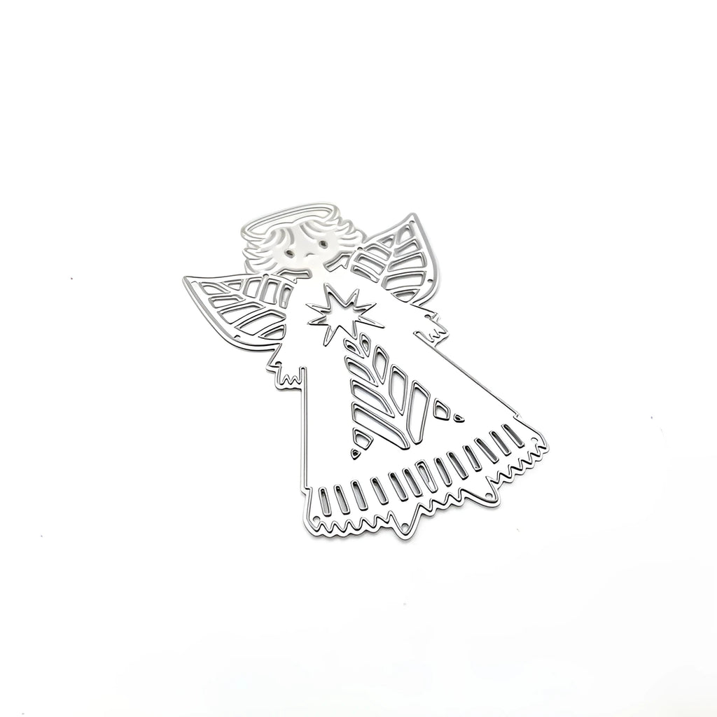 White carbon steel angel knife mould embossing tool for greeting cards, 8x6cm with hanging loop