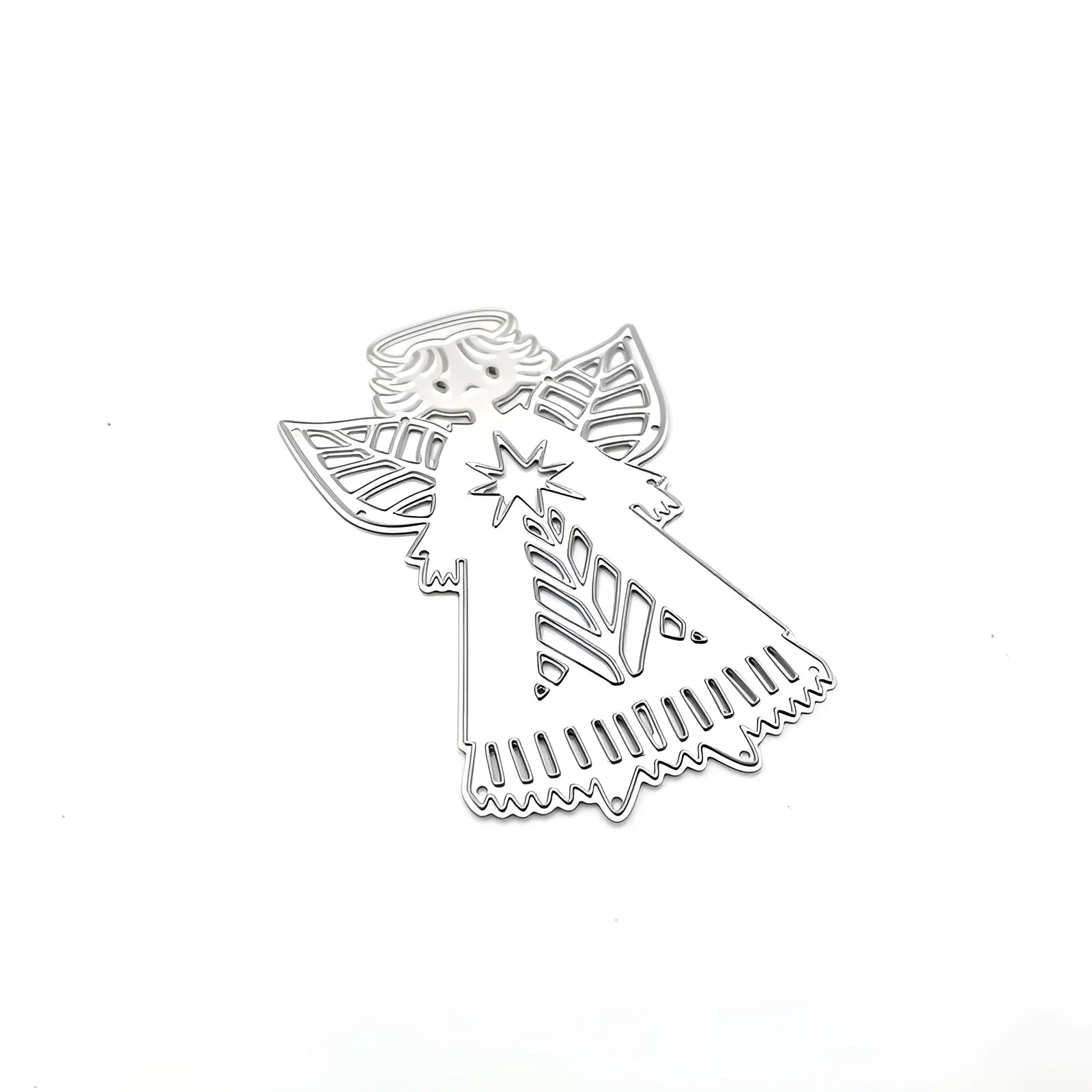 White carbon steel angel knife mould embossing tool for greeting cards, 8x6cm with hanging loop