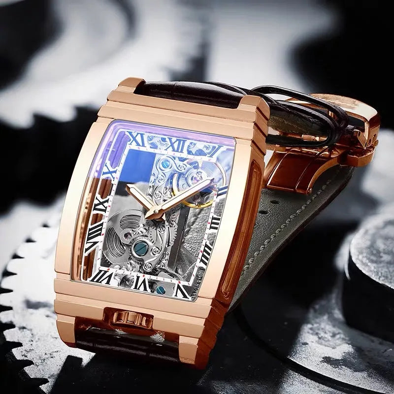 Daystar square stainless steel manual watch with leather strap on wrist