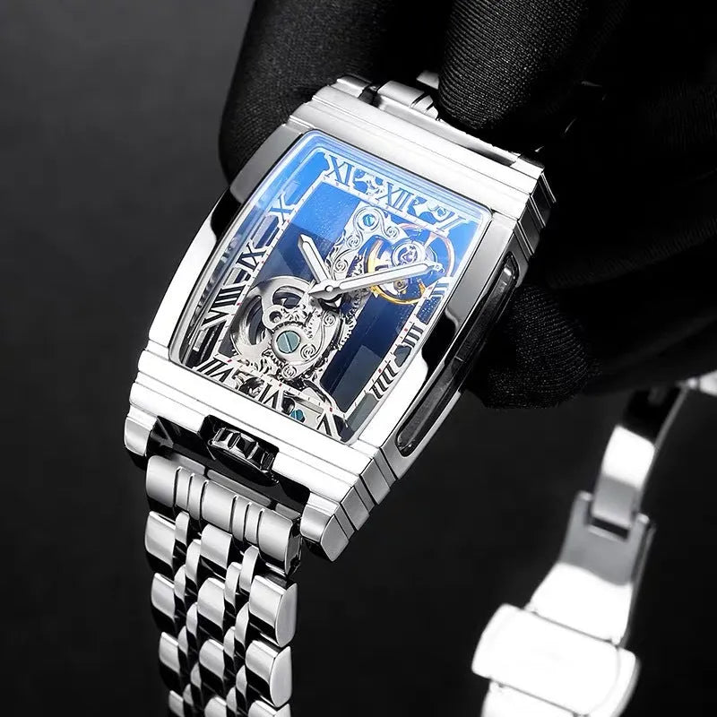 Daystar square stainless steel manual watch with leather strap on wrist