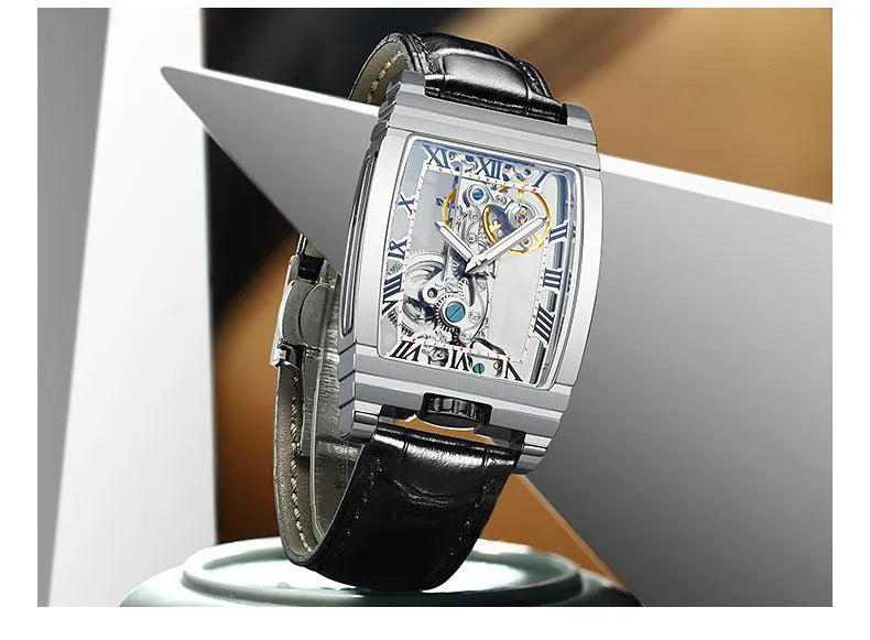 Daystar square stainless steel manual watch with leather strap on wrist