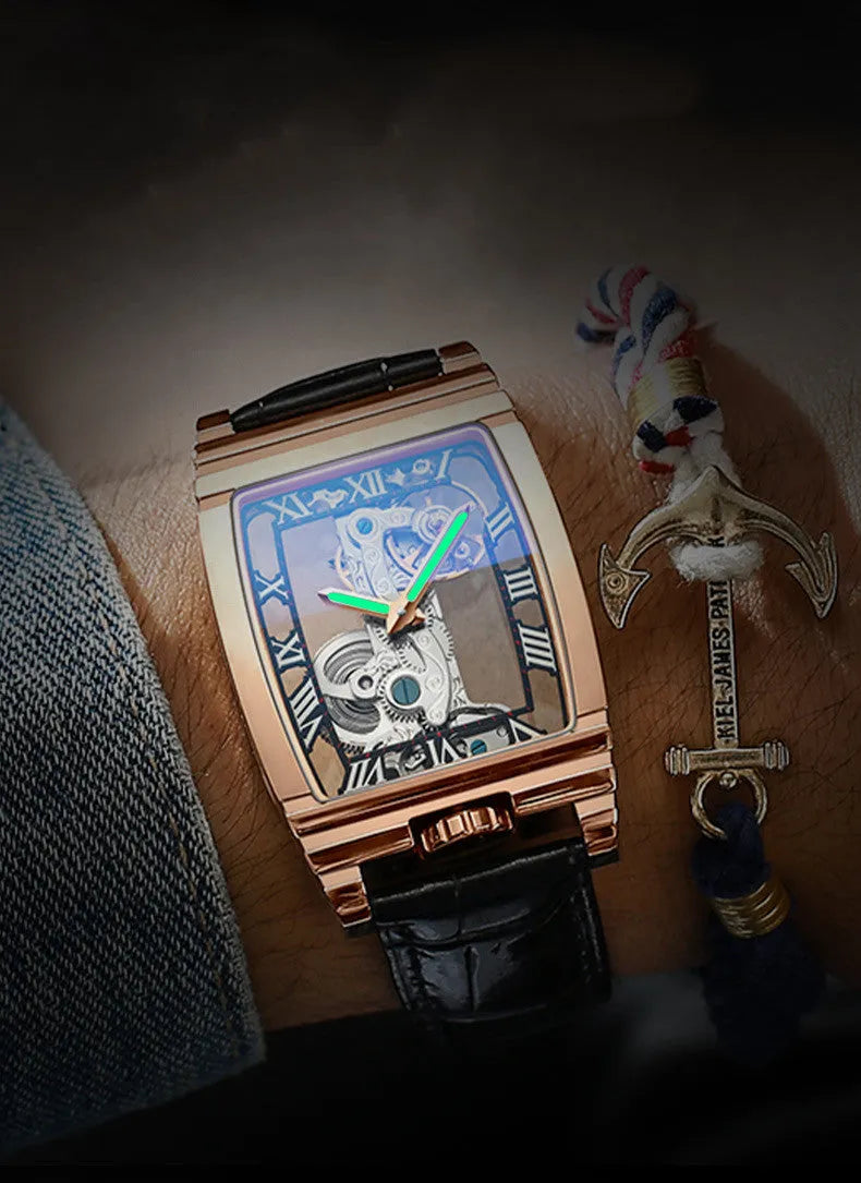 Daystar square stainless steel manual watch with leather strap on wrist