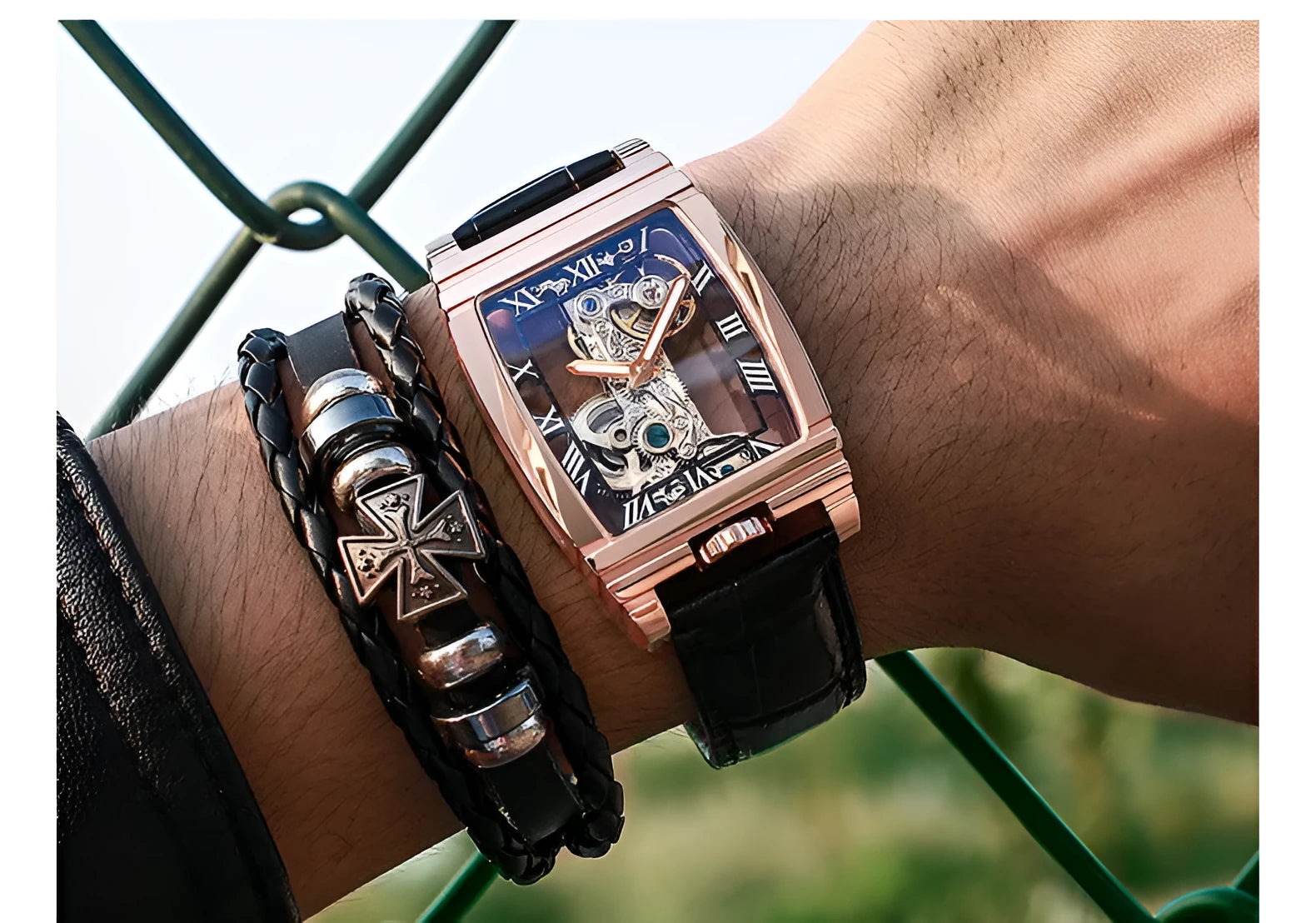 Daystar square stainless steel manual watch with leather strap on wrist