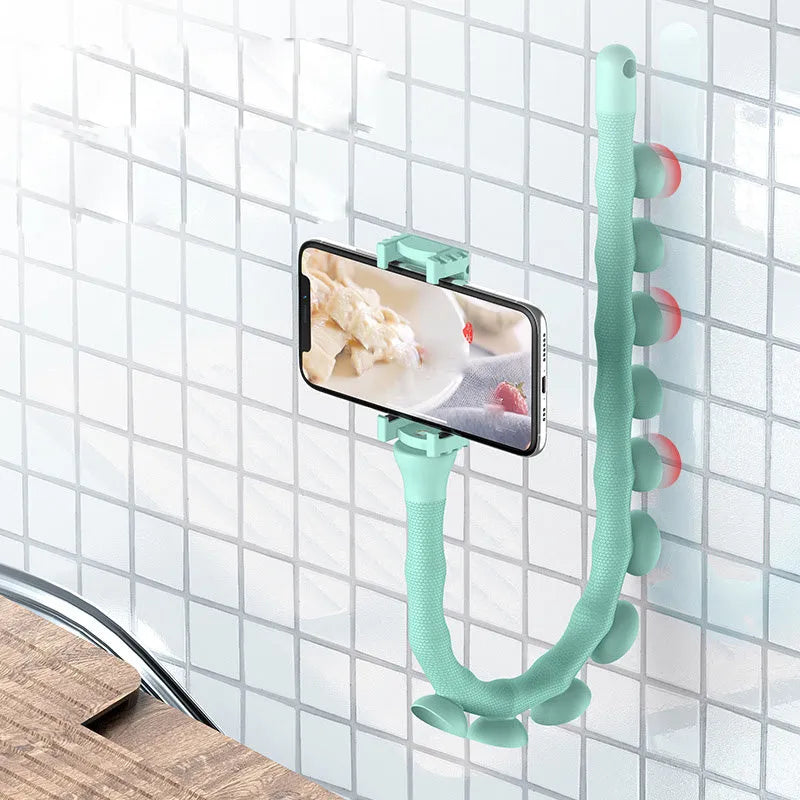 Black flexible rubber phone holder with long 62cm arm and suction cup, holding a mobile phone at an angle.