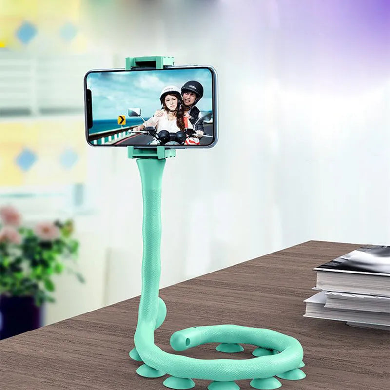 Black flexible rubber phone holder with long 62cm arm and suction cup, holding a mobile phone at an angle.