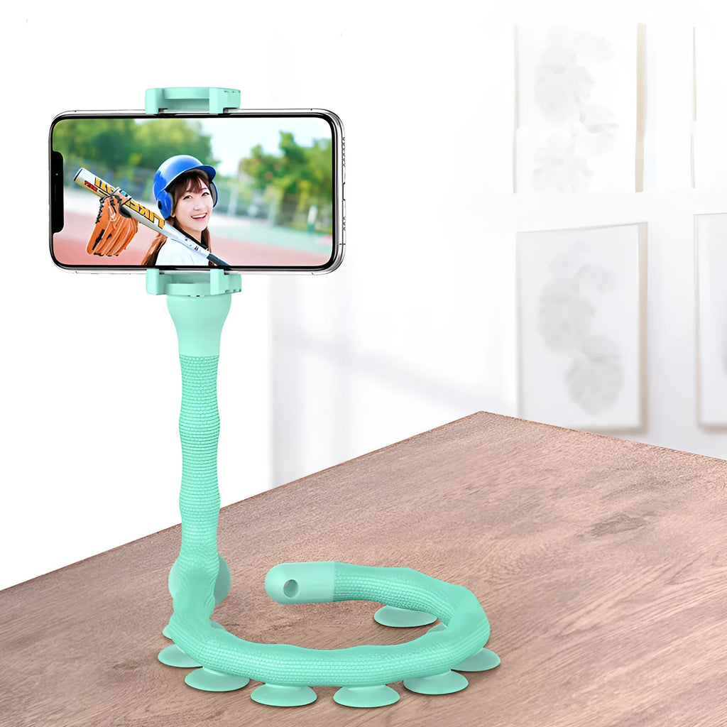 Black flexible rubber phone holder with long 62cm arm and suction cup, holding a mobile phone at an angle.
