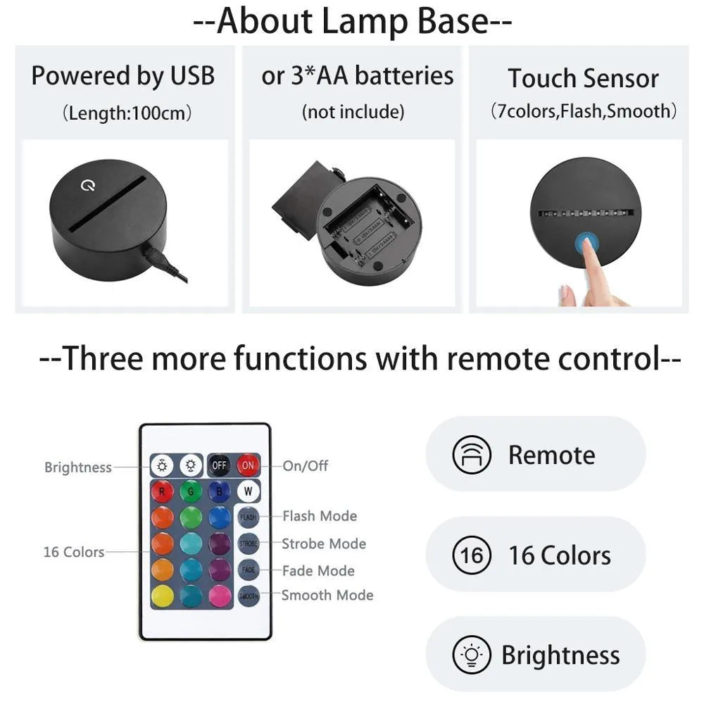 Touch remote control LED desk lamp with black base and colourful star pattern lighting