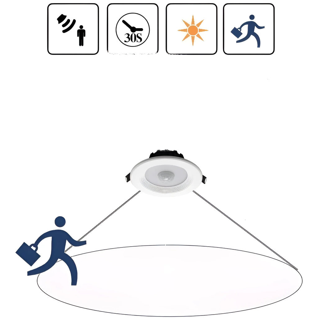 Aluminium infrared motion sensor LED downlight ceiling light for kitchens and hallways.