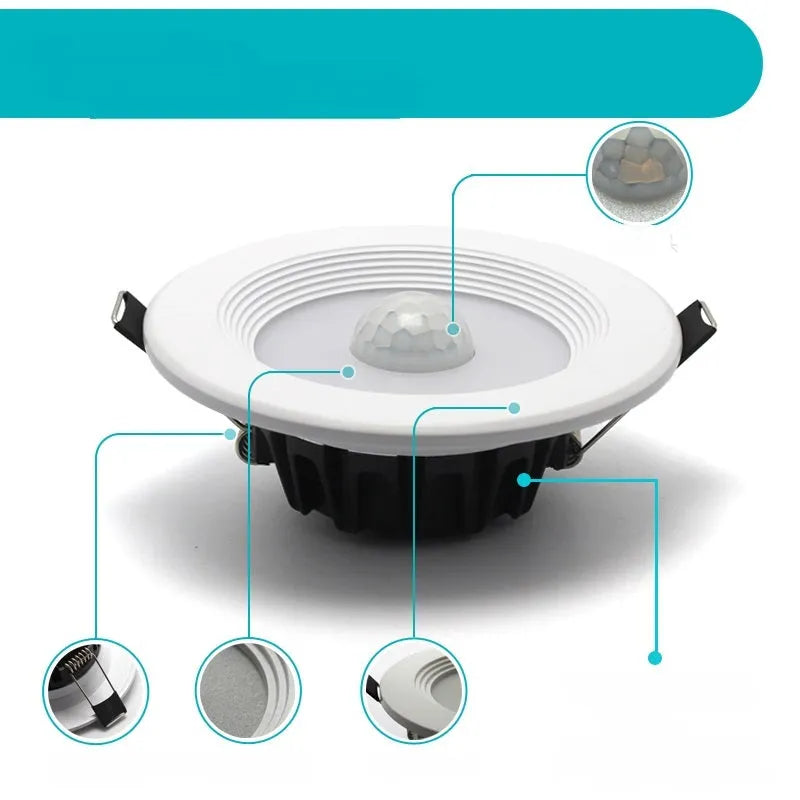 Aluminium infrared motion sensor LED downlight ceiling light for kitchens and hallways.