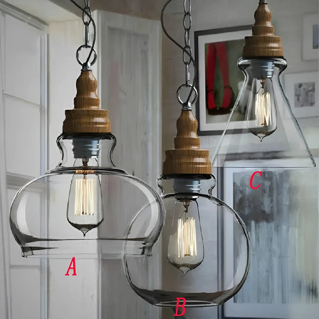 Glass wood grain single head pendant light with adjustable height in Nordic style