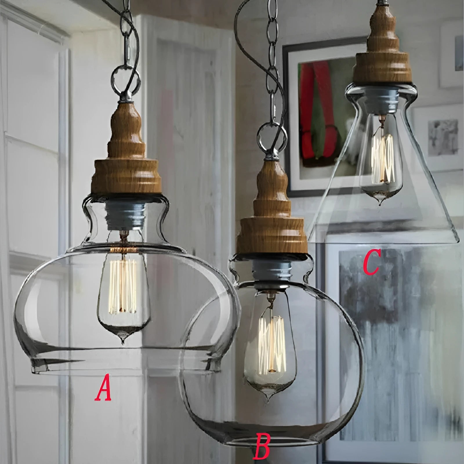 Glass wood grain single head pendant light with adjustable height in Nordic style