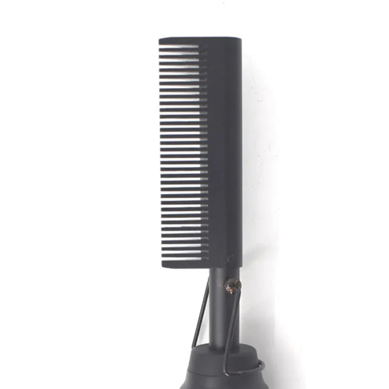 Electric straight hair curling comb with copper bristles, brass and black finish, measuring 29.5cm