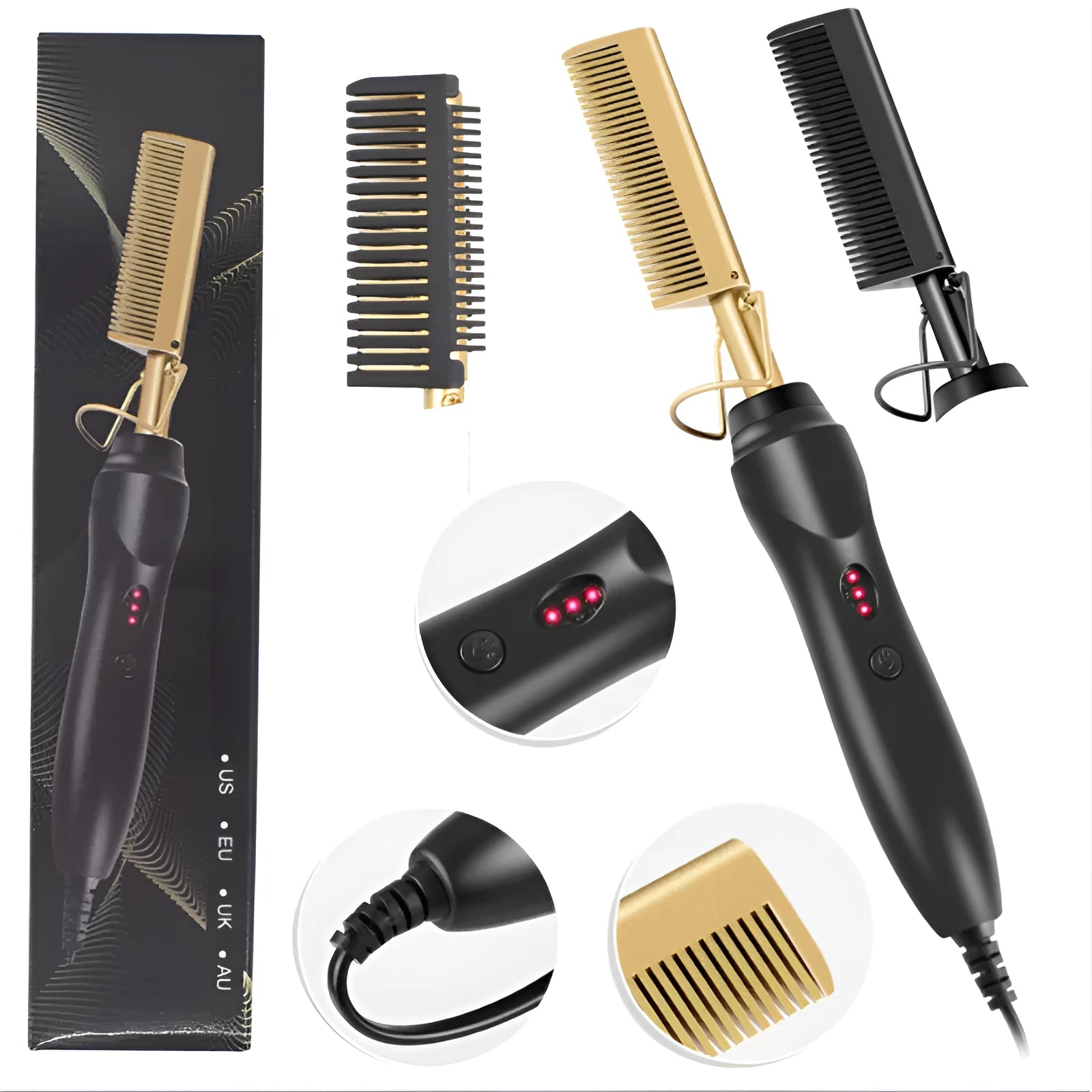 Electric straight hair curling comb with copper bristles, brass and black finish, measuring 29.5cm