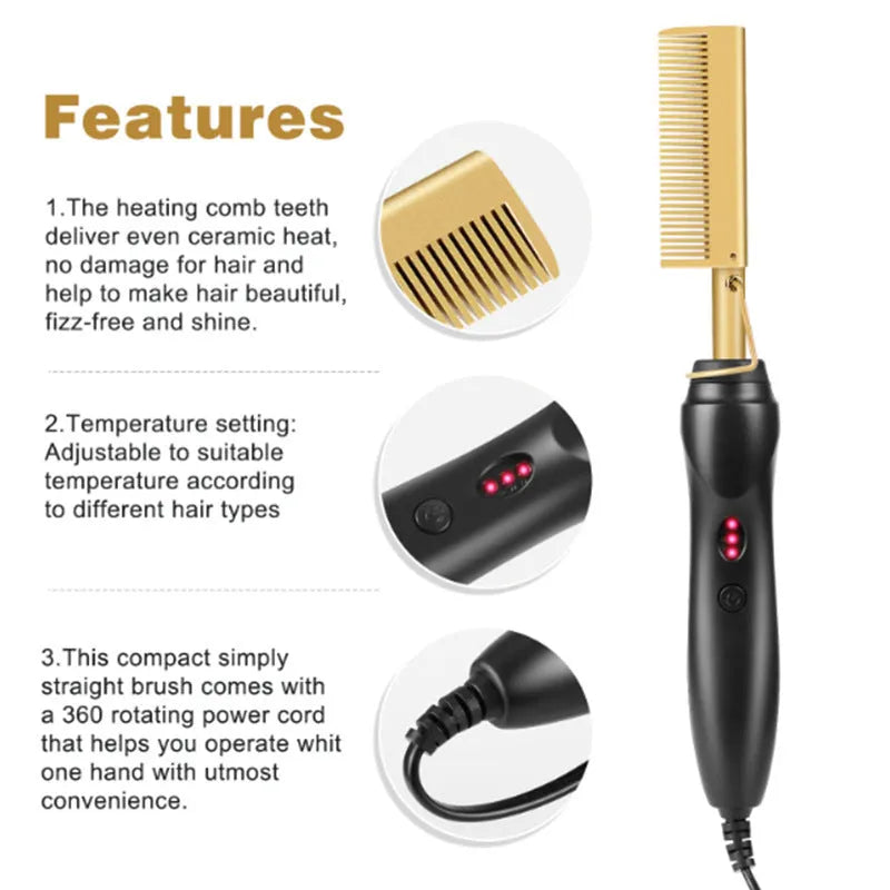 Electric straight hair curling comb with copper bristles, brass and black finish, measuring 29.5cm