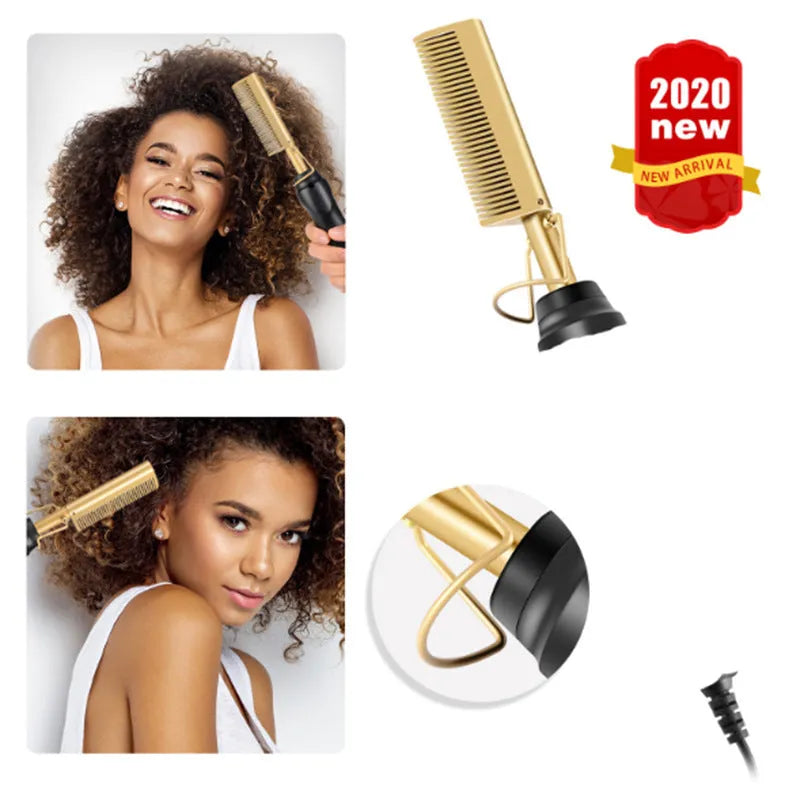 Electric straight hair curling comb with copper bristles, brass and black finish, measuring 29.5cm