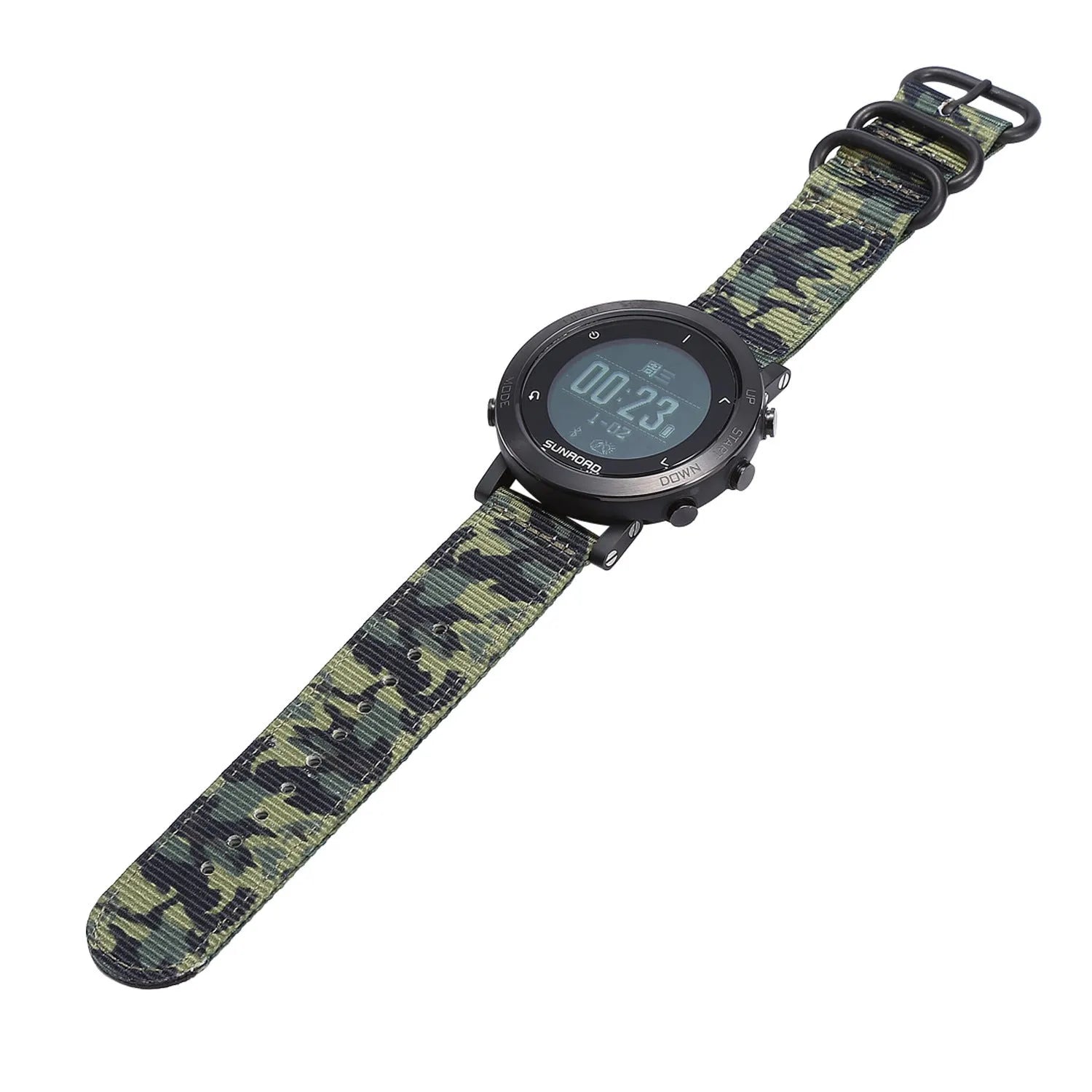 Black smart sports watch with stainless steel bezel and digital display showing GPS tracking data