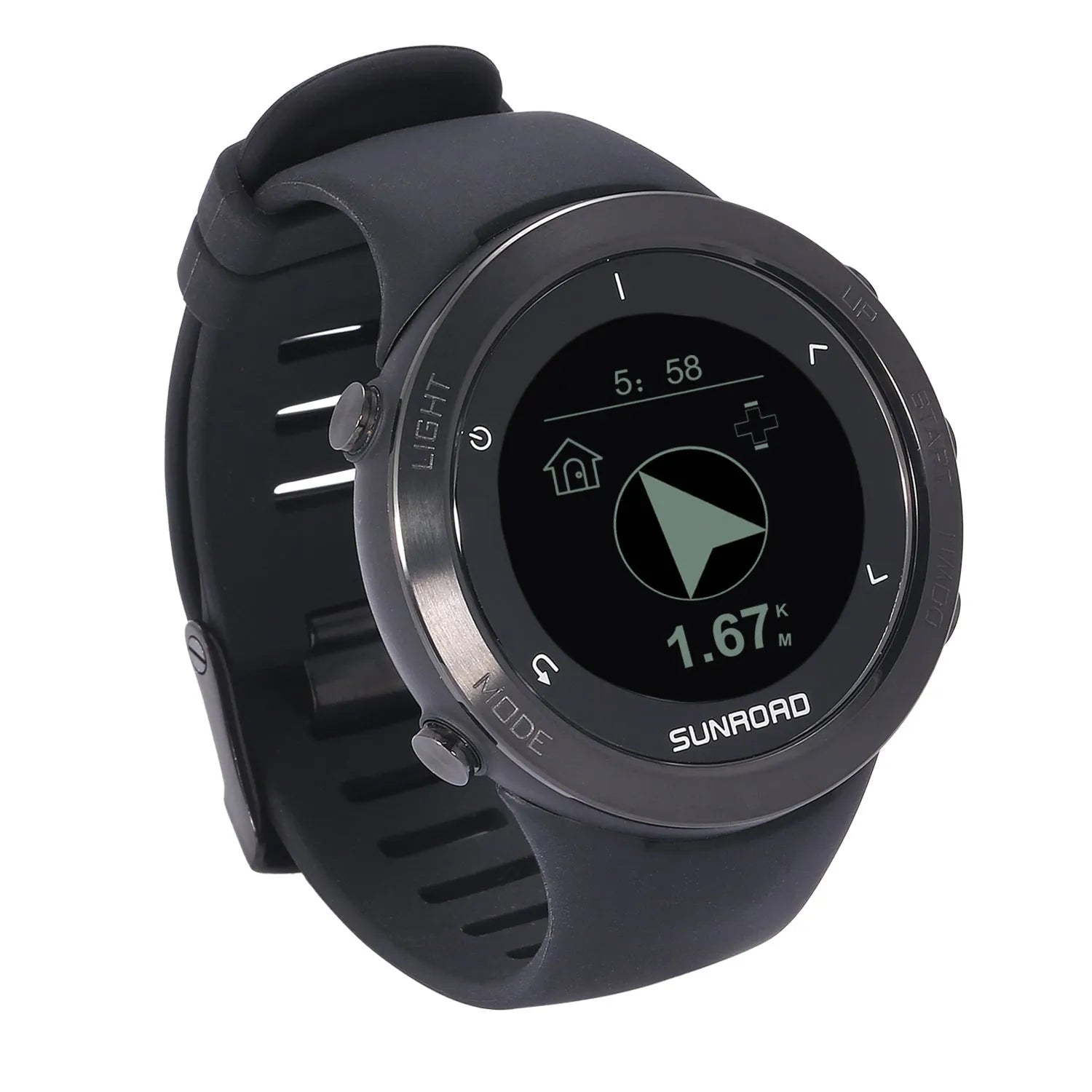 Black smart sports watch with stainless steel bezel and digital display showing GPS tracking data