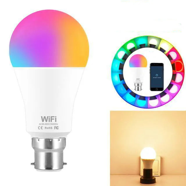 15W WiFi smart LED light bulb with RGB colour changing and dimming, showing E27 and B22 base options.
