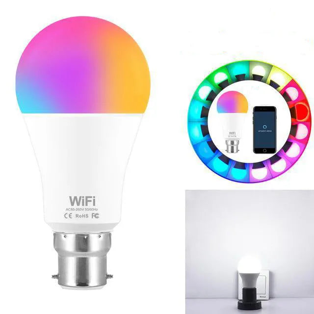 15W WiFi smart LED light bulb with RGB colour changing and dimming, showing E27 and B22 base options.
