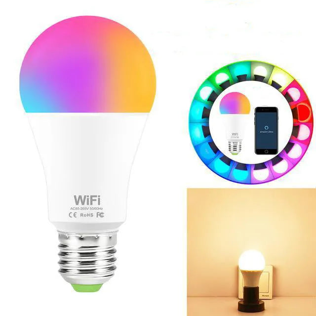15W WiFi smart LED light bulb with RGB colour changing and dimming, showing E27 and B22 base options.
