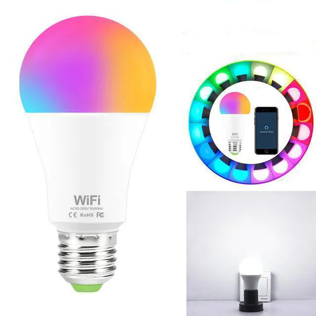 15W WiFi smart LED light bulb with RGB colour changing and dimming, showing E27 and B22 base options.