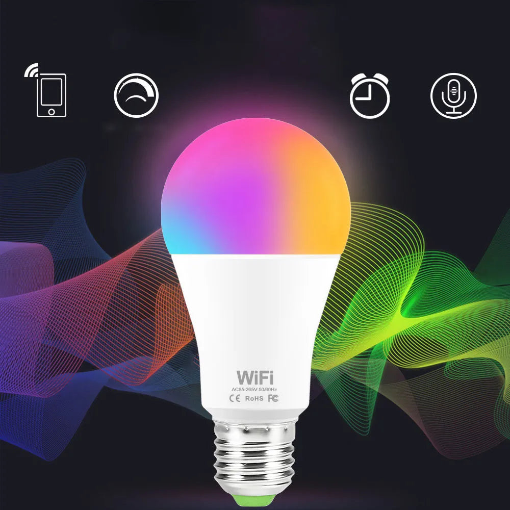 15W WiFi smart LED light bulb with RGB colour changing and dimming, showing E27 and B22 base options.
