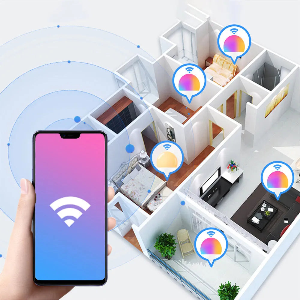 15W WiFi smart LED light bulb with RGB colour changing and dimming, showing E27 and B22 base options.