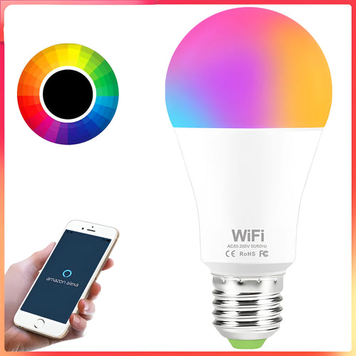 15W WiFi smart LED light bulb with RGB colour changing and dimming, showing E27 and B22 base options.