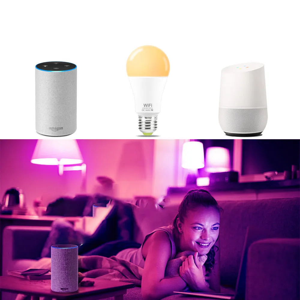 15W WiFi smart LED light bulb with RGB colour changing and dimming, showing E27 and B22 base options.