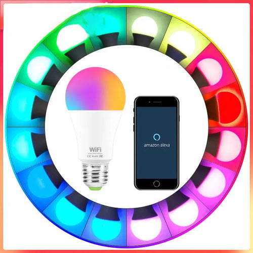 15W WiFi smart LED light bulb with RGB colour changing and dimming, showing E27 and B22 base options.