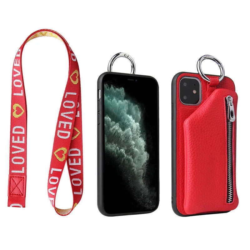 PU leather iPhone case with coin purse and detachable crossbody lanyard in multiple colours.
