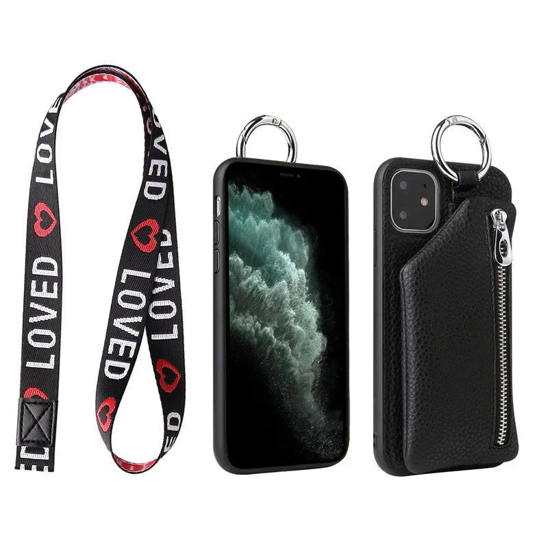 PU leather iPhone case with coin purse and detachable crossbody lanyard in multiple colours.