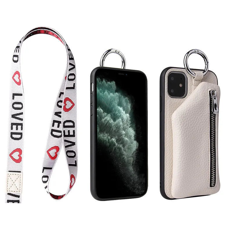 PU leather iPhone case with coin purse and detachable crossbody lanyard in multiple colours.