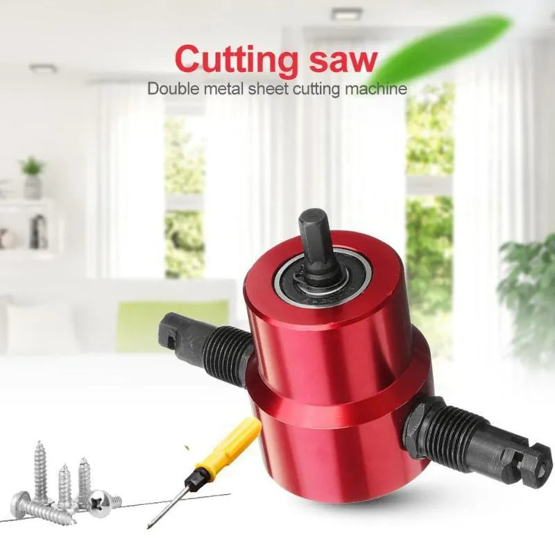 Red metal nibbler cutter tool for drill attachment measuring 175x80x50mm