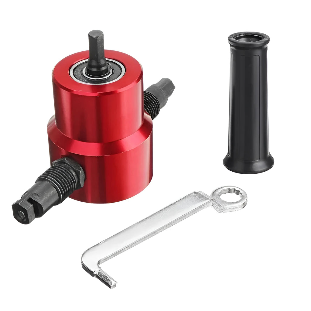 Red metal nibbler cutter tool for drill attachment measuring 175x80x50mm