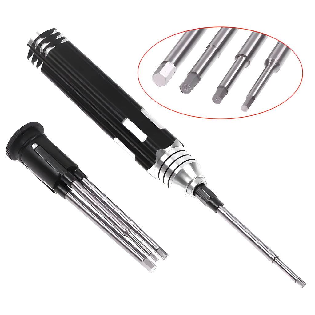 Black aluminium handle hexagon socket screwdriver set with four bits for aeromodelling