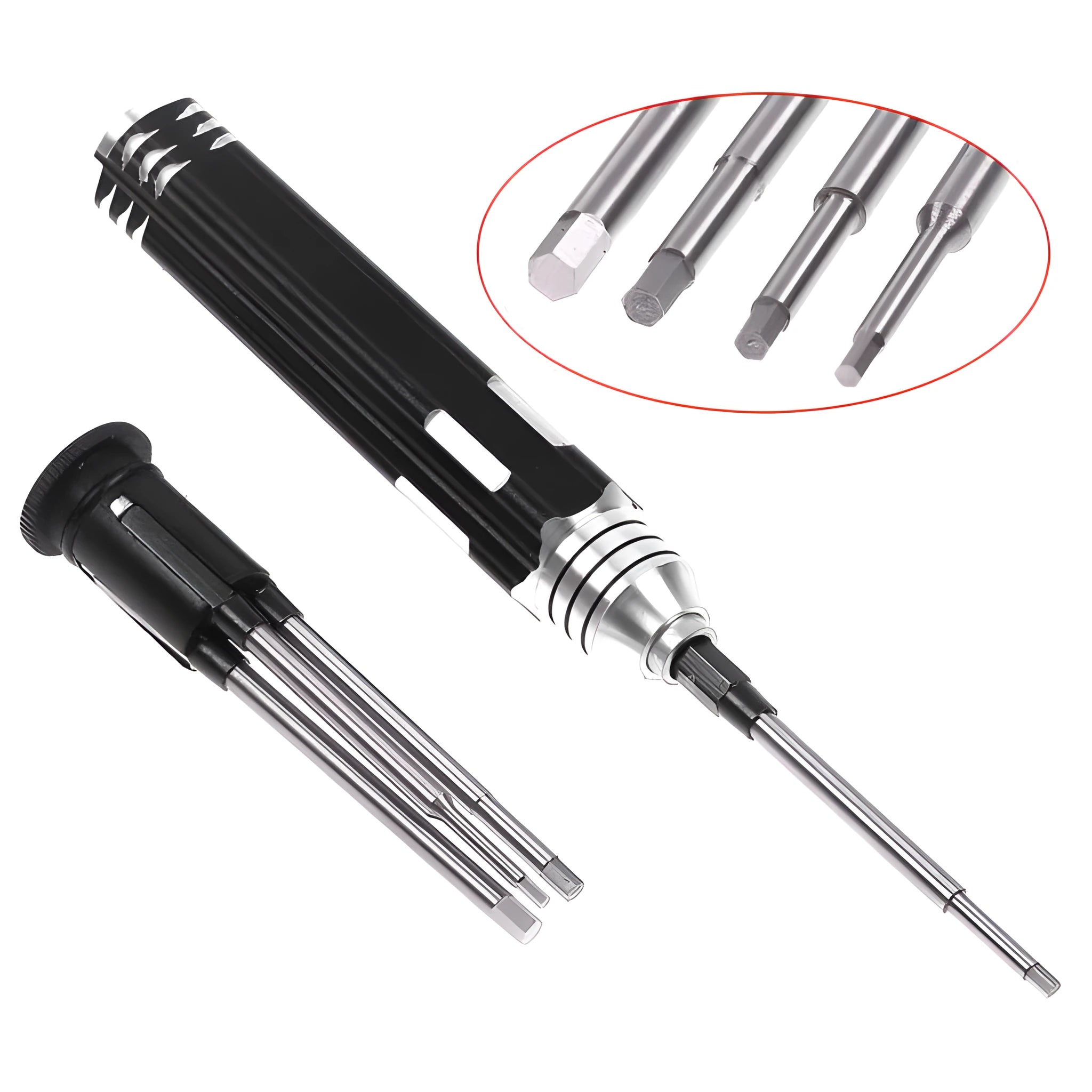 Black aluminium handle hexagon socket screwdriver set with four bits for aeromodelling