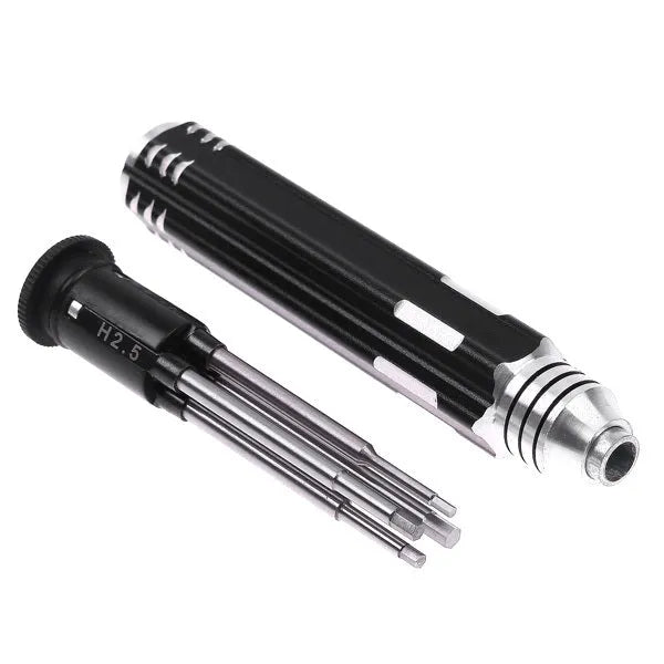Black aluminium handle hexagon socket screwdriver set with four bits for aeromodelling