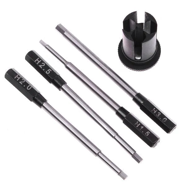 Black aluminium handle hexagon socket screwdriver set with four bits for aeromodelling
