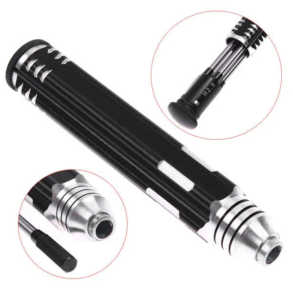 Black aluminium handle hexagon socket screwdriver set with four bits for aeromodelling