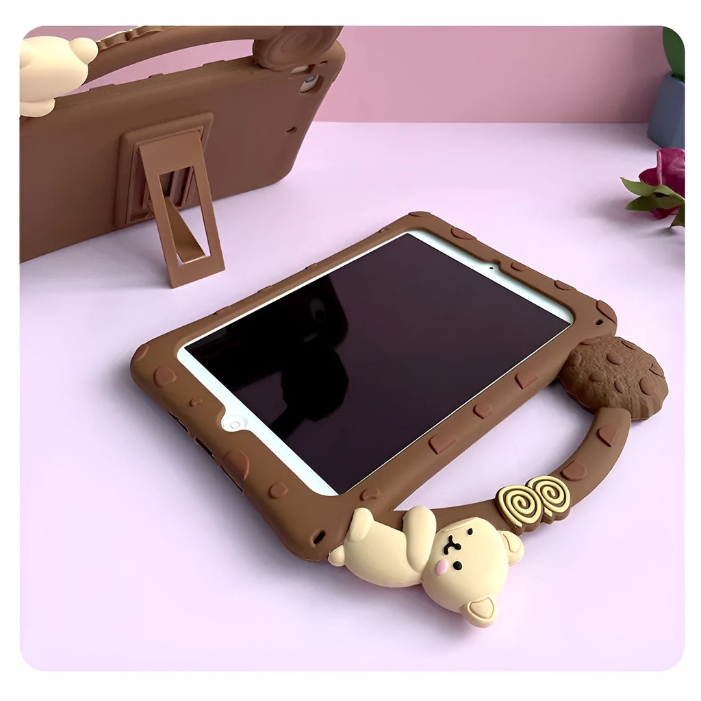Brown cartoon pattern silicone protective sleeve for iPad tablets on flat surface