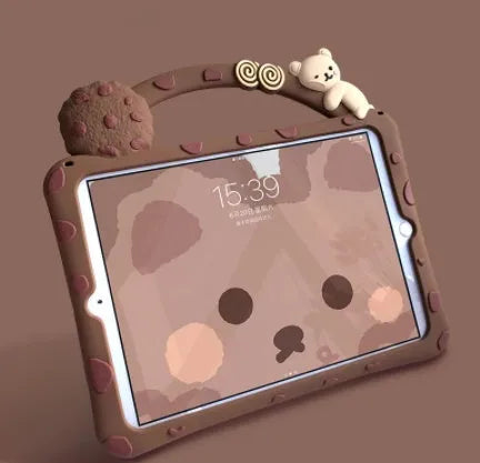 Brown cartoon pattern silicone protective sleeve for iPad tablets on flat surface