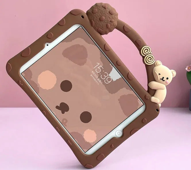 Brown cartoon pattern silicone protective sleeve for iPad tablets on flat surface
