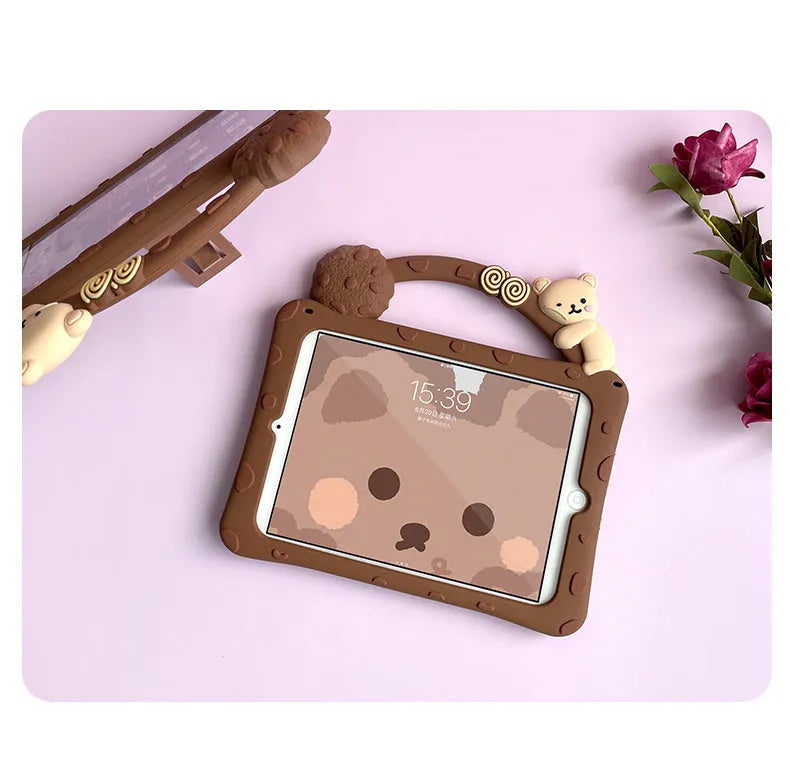 Brown cartoon pattern silicone protective sleeve for iPad tablets on flat surface